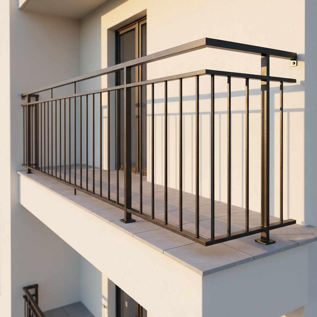 A sturdy steel balcony railing freshly fabricated and installed on a mid-rise residential building, showcasing precise welds, smooth grinding, and an even, deep charcoal protective coating. The railing design is modern yet functional, with clean vertical elements and a solid top handrail, mounted to a newly insulated and painted facade in soft off-white. The scene is captured at golden hour, with warm light catching the edges of the metal and casting clean, linear shadows onto the light-colored wall and tiled balcony floor. Photographic realism from a low-angle perspective accentuates solidity and craftsmanship, with a balanced composition that highlights the integration of locksmith work and facade finishing typical of a comprehensive construction finishing firm.