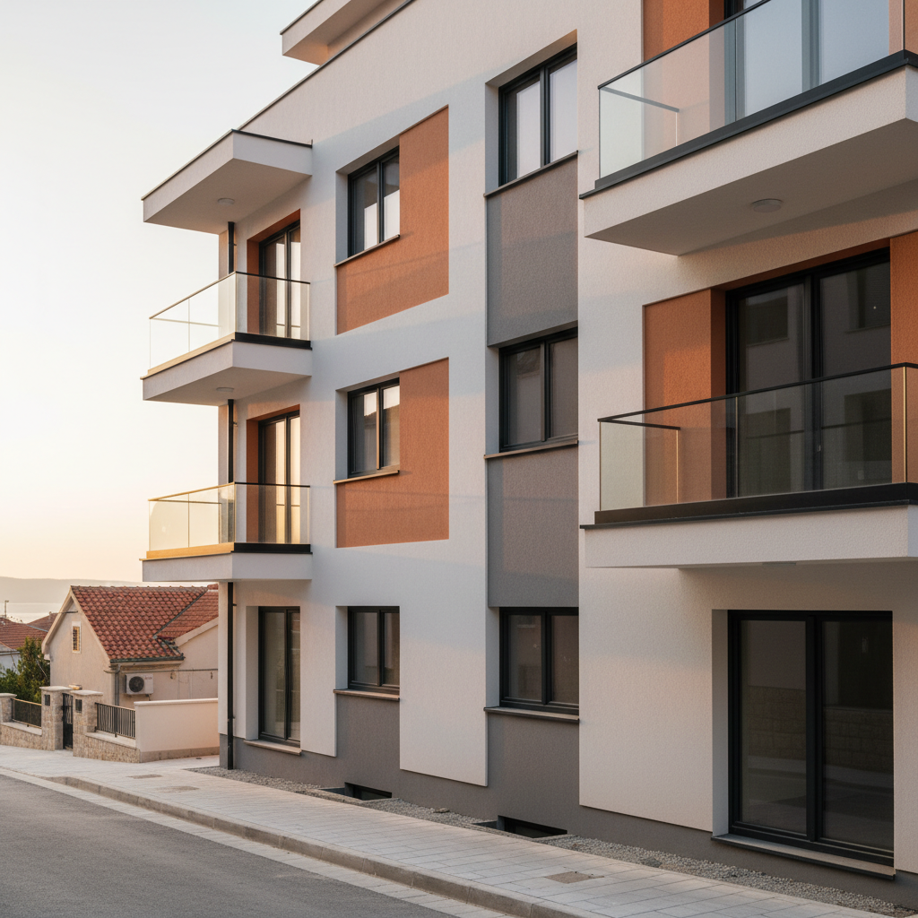 A freshly painted modern Croatian residential building facade, with crisp white plaster surfaces contrasted by warm terracotta and muted grey accent panels. Detailed, sharp-edged window frames and perfectly aligned balconies show precise craftsmanship. The building stands along a clean, narrow coastal town street, with stone curbs and neatly finished sidewalks. Soft late afternoon natural light washes across the facade, revealing subtle texture in the plaster and faint reflections in the glass. The mood is professional, trustworthy, and meticulous. Photographic realism from a slightly elevated eye-level angle, with strong sharp focus on the facade and a gently blurred background, communicates quality exterior painting and facade restoration work for a high-end construction company website.