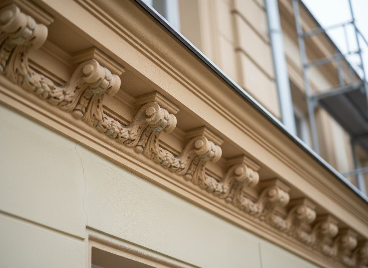 A detailed close-up of a textured historical building facade under restoration, featuring a carefully restored decorative cornice and ornate plaster details. The surface combines warm sandy beige and subtle ochre tones, with faint patina preserved to respect heritage character. Fine hairline cracks have been expertly repaired, and the new lime-based render seamlessly blends with the original surface. Soft overcast daylight provides even illumination, emphasizing texture without harsh shadows. Shot in photographic realism with a slightly angled close perspective and shallow depth of field, keeping the main decorative element in razor-sharp focus while the surrounding wall gently blurs. The mood is respectful, precise, and artisanal, underlining licensed conservator-restoration expertise on cultural monuments.